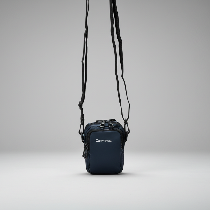 Small blue crossbody bag with visible brand name on a grey background