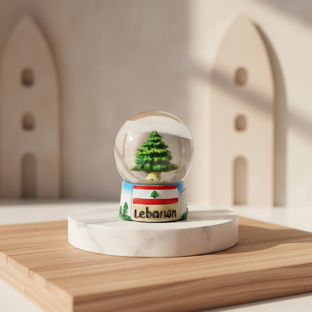 Snow globe holding a single green cedar tree, on a base painted with the Lebanese flag