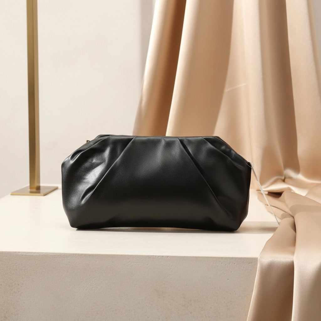 Black soft pleated pouch evening clutch