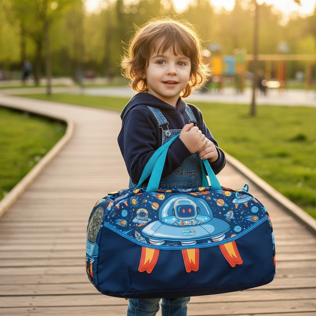 Child carrying a navy space print kids duffle bag on a park boardwalk