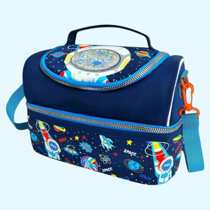 Blue insulated lunch bag with space-themed design on a light blue background