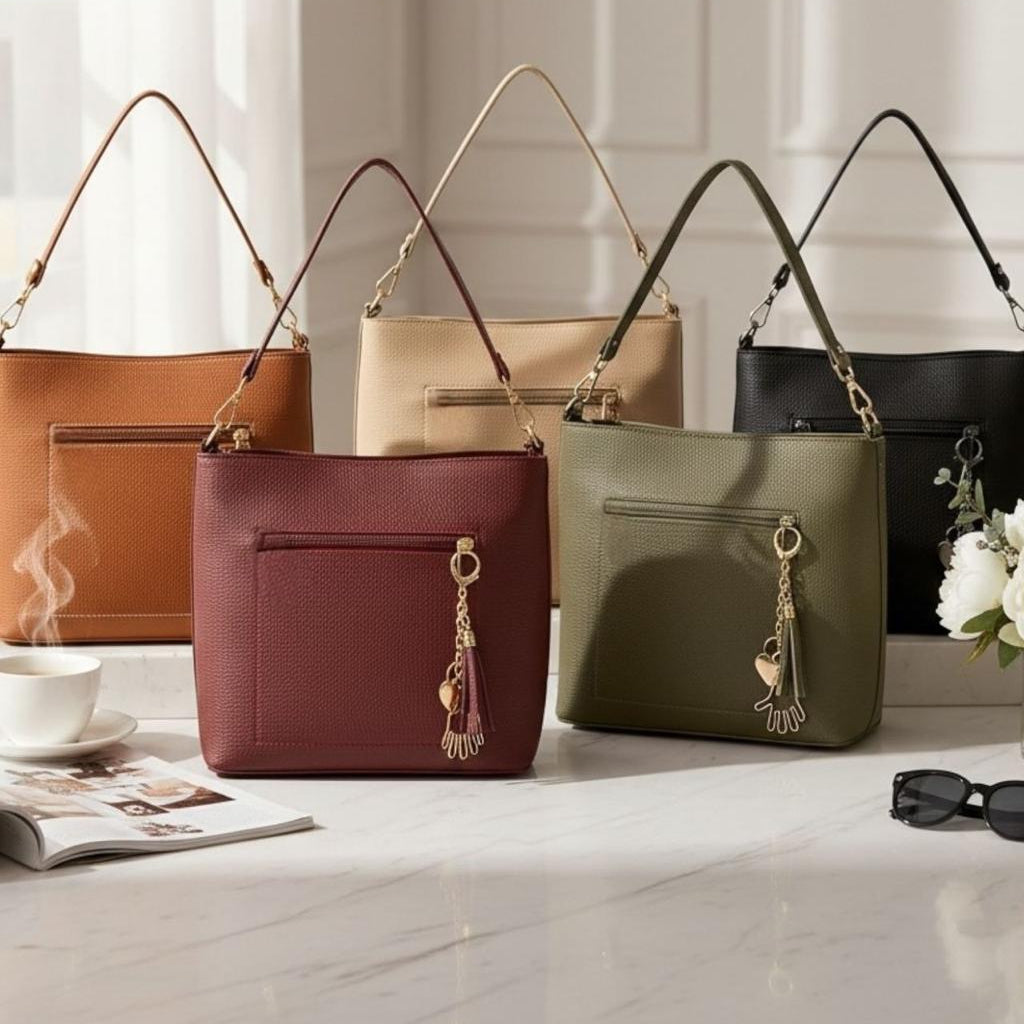 Five shoulder bags grouped on marble in tan, cream, burgundy, olive and black