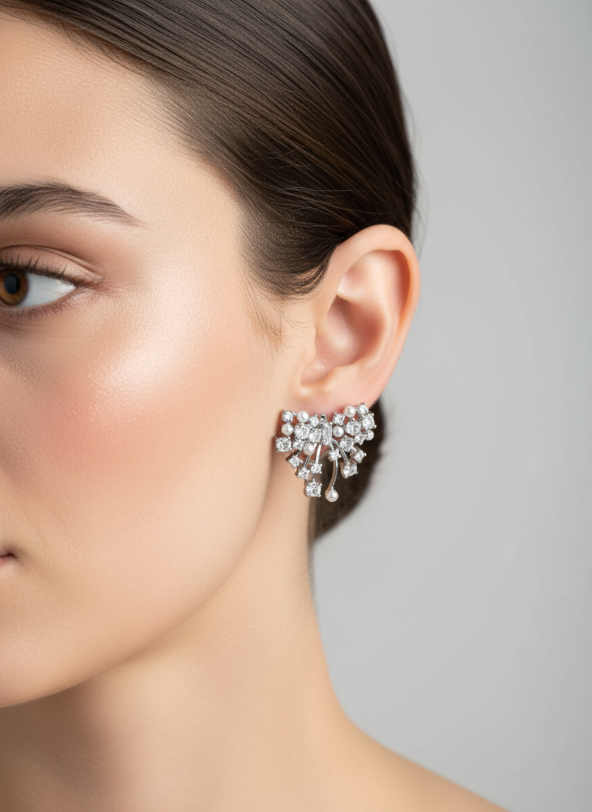 Close-up of a woman wearing a sparkling bow-shaped earring against a neutral background