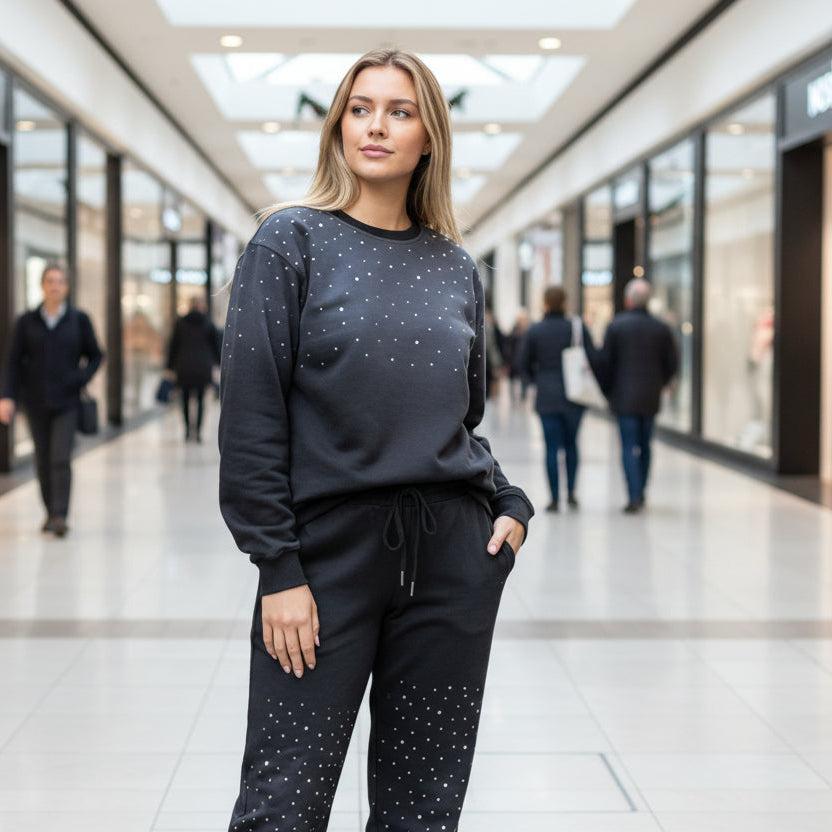 Woman in a black outfit with sparkly star patterns standing in a shopping mall