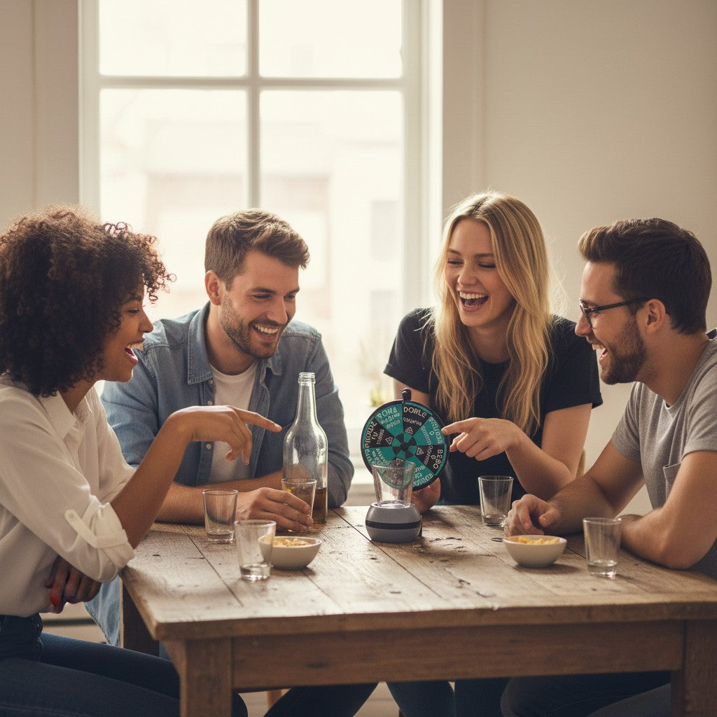 Friends around a table playing a spinning wheel drinking game with shot glasses