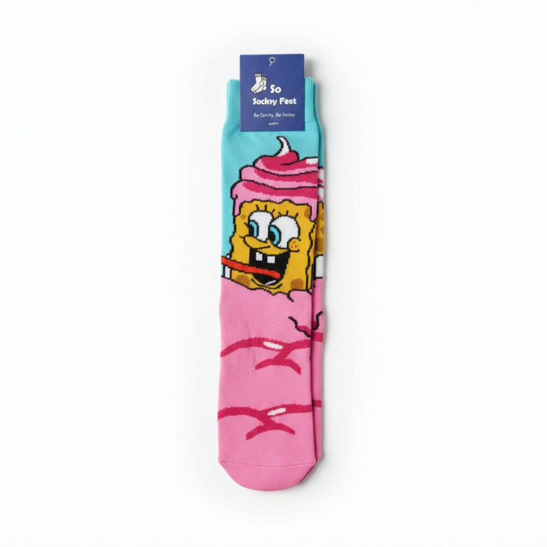 Single pink kids sock laid flat with turquoise cuff and SpongeBob eating a pink swirl ice cream