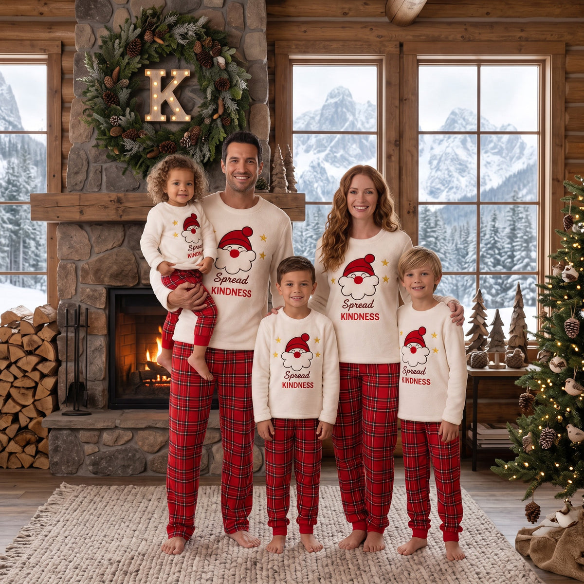 Dad holding a toddler beside his family in matching red plaid Santa pyjamas by a cabin fireplace