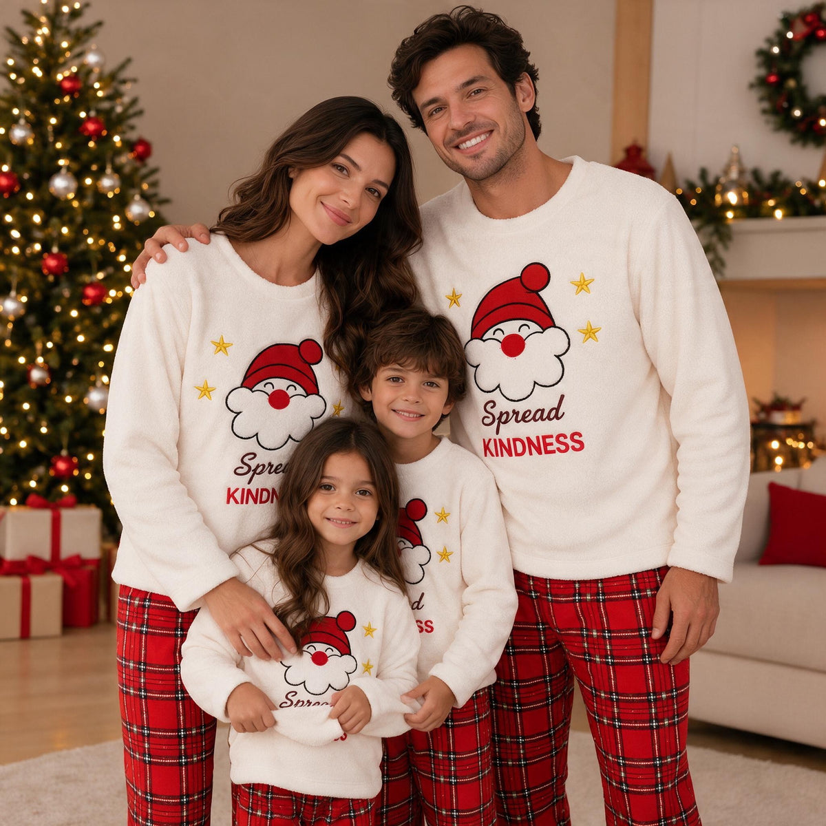 Close up of parents and two kids posing together in matching Santa fleece pyjama sets
