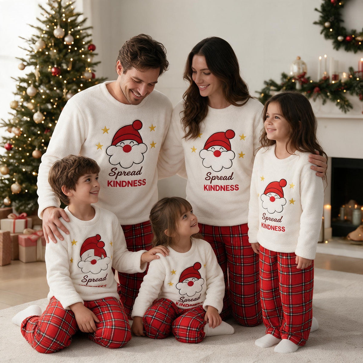 Family sitting on a rug in matching cream Santa tops and red plaid pants beside a fireplace