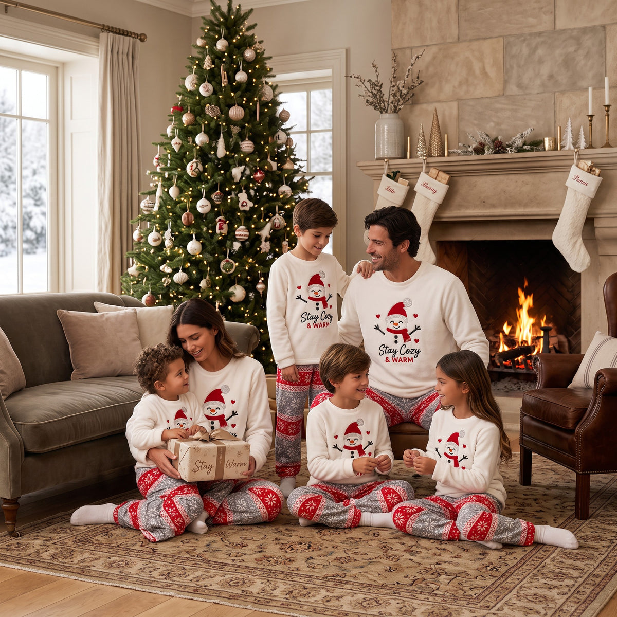 Family of six in matching cream snowman tops and Fair Isle pyjama pants by a fireplace and tree