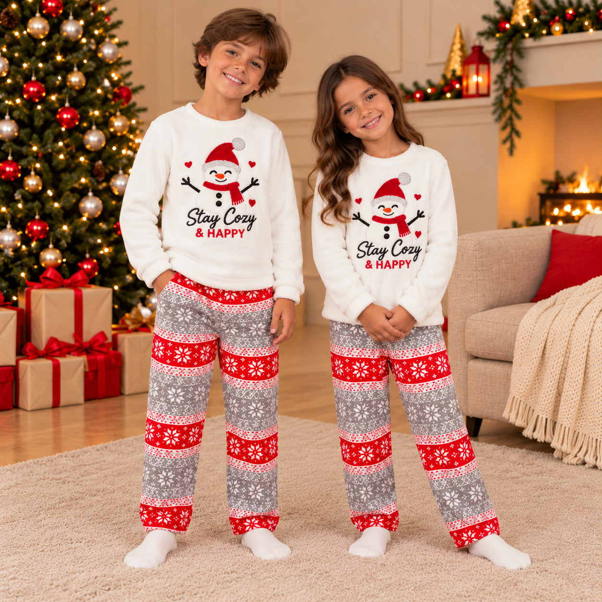 Boy and girl in matching cream snowman fleece tops and Fair Isle pyjama pants by a Christmas tree