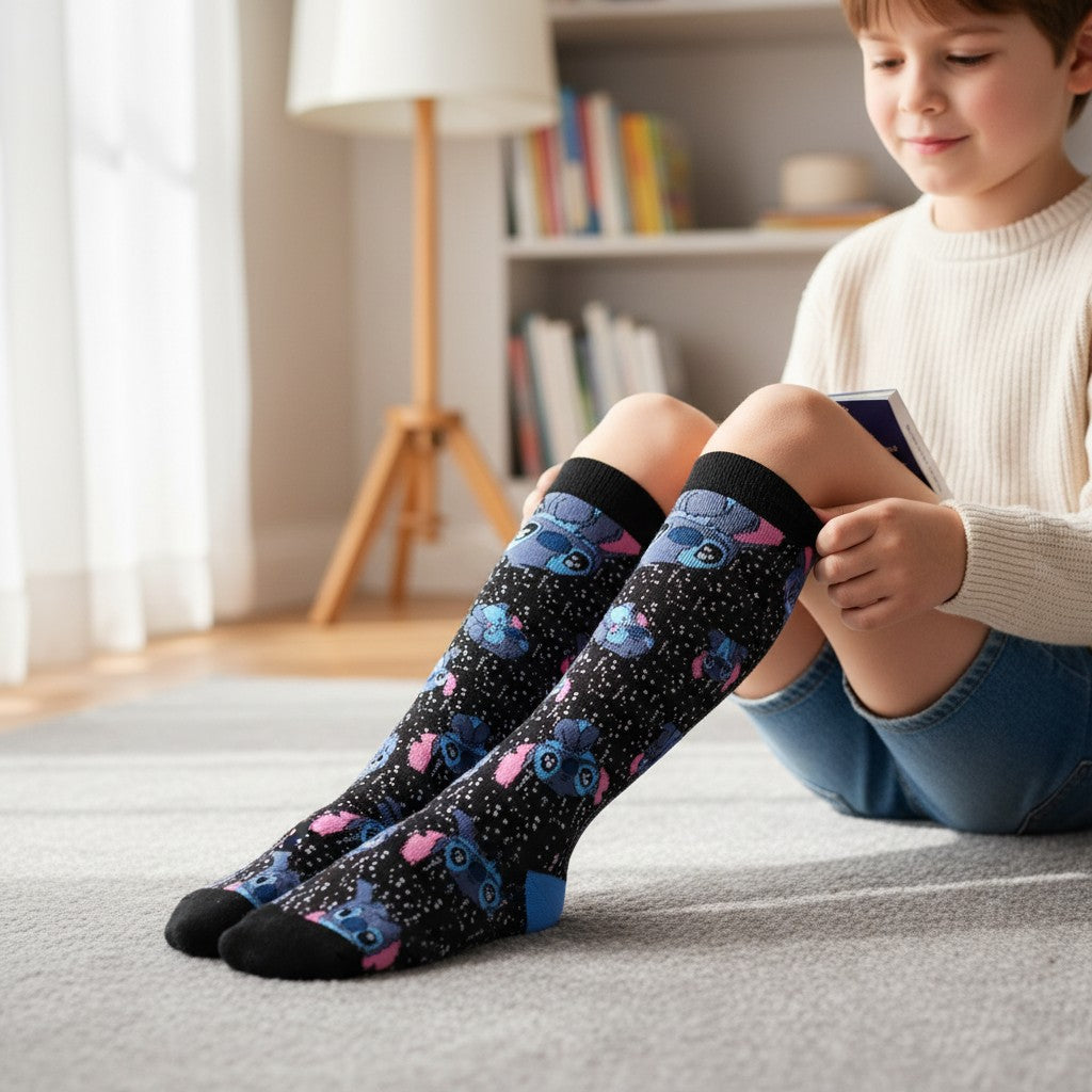 Black Stitch socks worn knee high on a rug showing pink flowers and character faces up the leg
