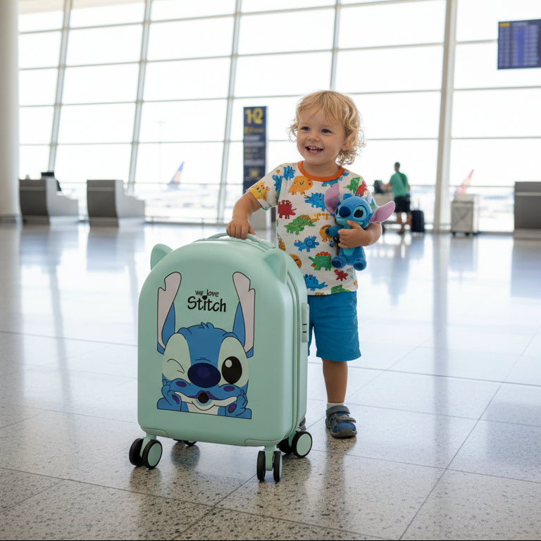 Child with a stitch cartoon suitcase in an airport terminal