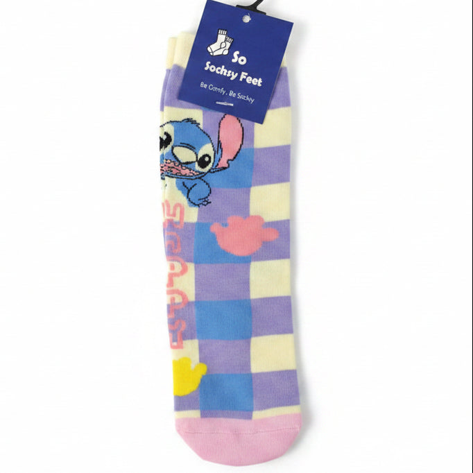 Checkered purple kids sock laid flat showing the blue Stitch face and pink hibiscus flowers