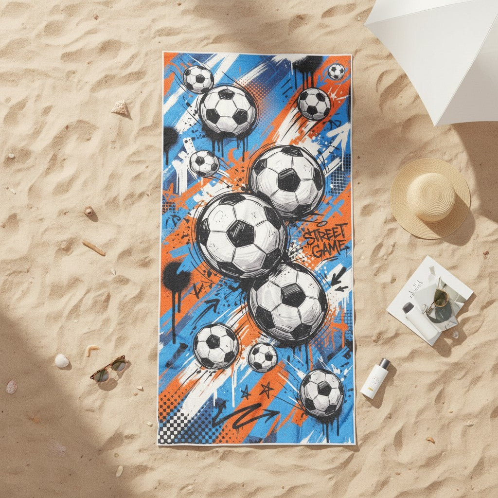 Football graffiti print beach towel for boys on the sand, Jack Gifts Online Lebanon
