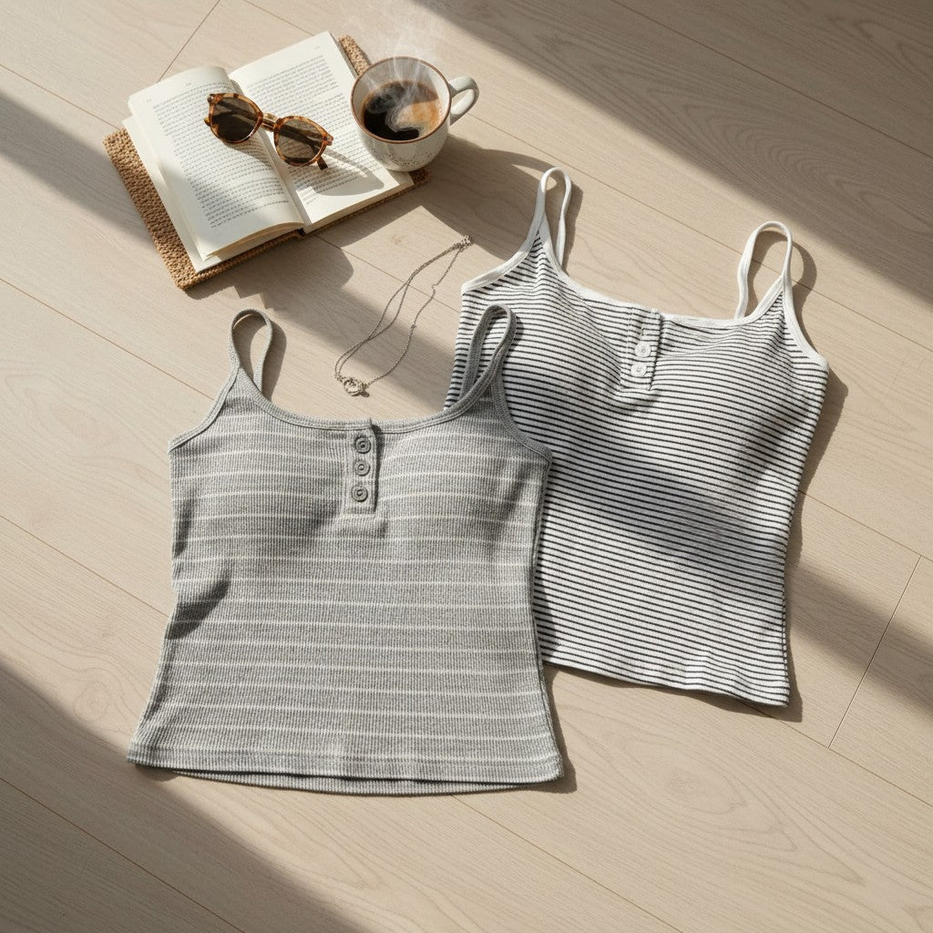 Two striped ribbed cami tops with button fronts in grey and white laid flat