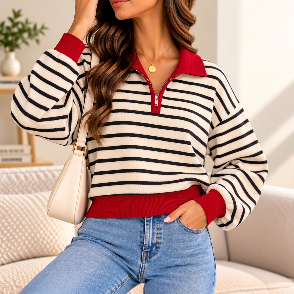 Woman in a cream and navy striped half zip sweater with a red collar, red cuffs and jeans
