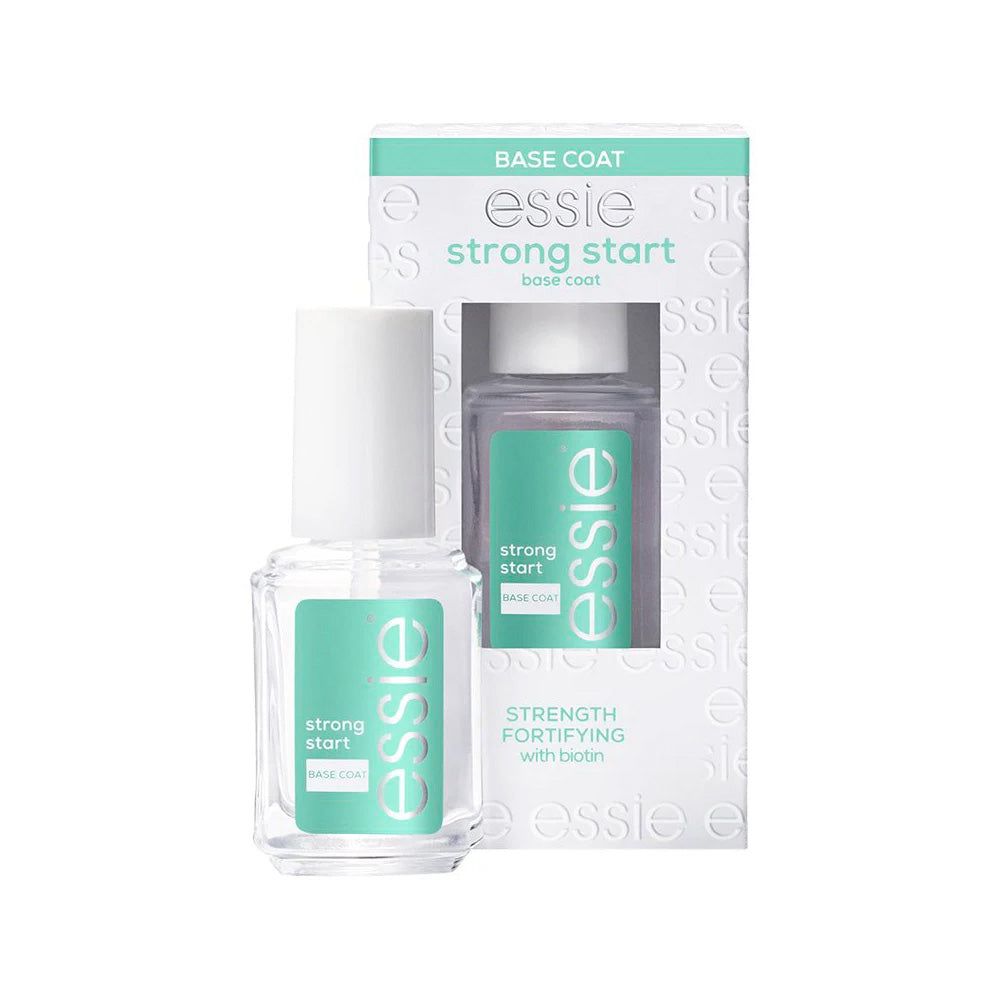Essie Strong Start base coat bottle with biotin beside its box