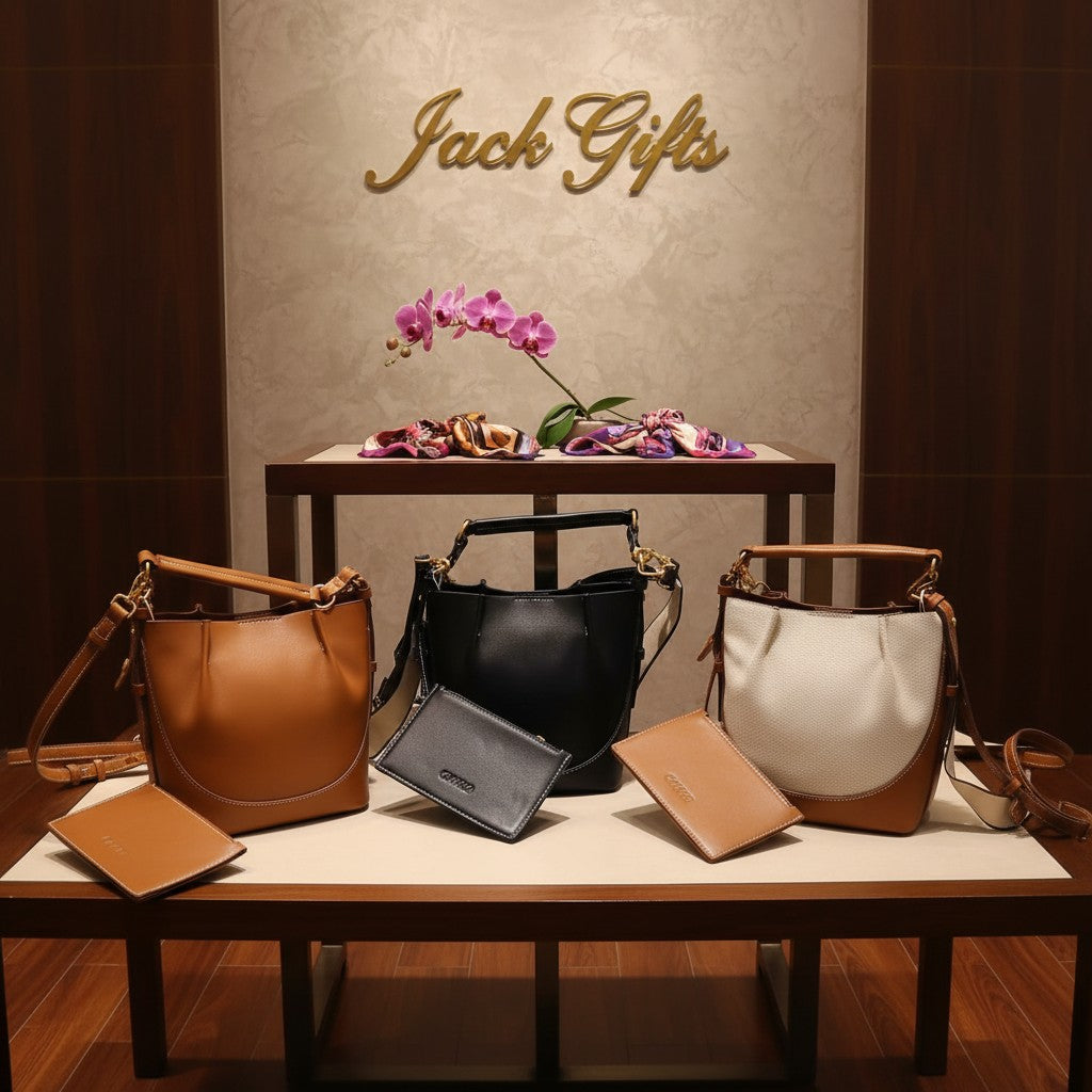 Three handbags on a table with 'Jack Gifts' branding in the background.