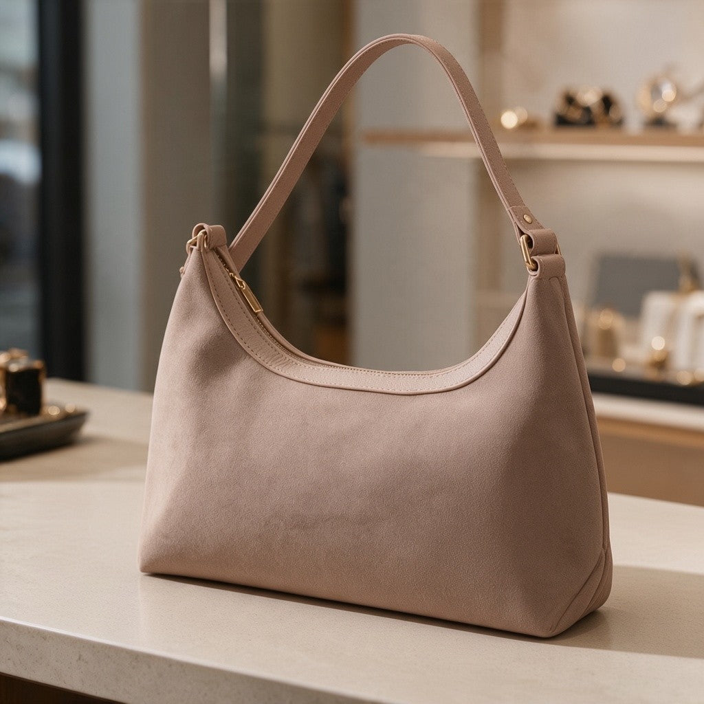 Blush pink suede finish hobo bag with a smooth leather look trim and gold zip on a light counter