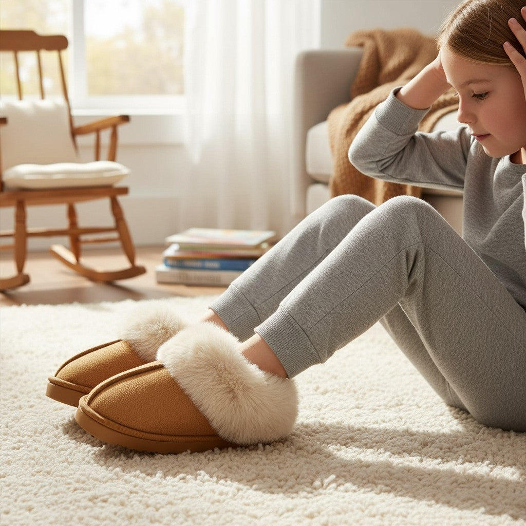 Girl wearing tan kids slippers with a soft faux fur collar, Jack Gifts Online Lebanon