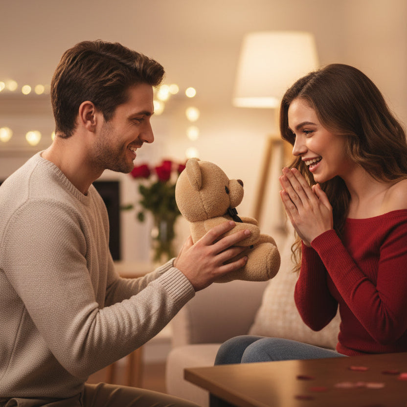Man kneeling to offer the caramel bow bear to a delighted woman on a sofa