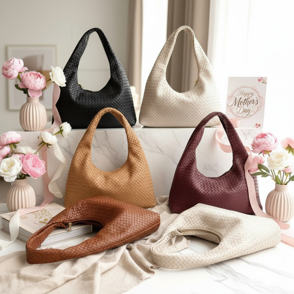Six woven handbags in various colors on a surface with flowers and books in the background
