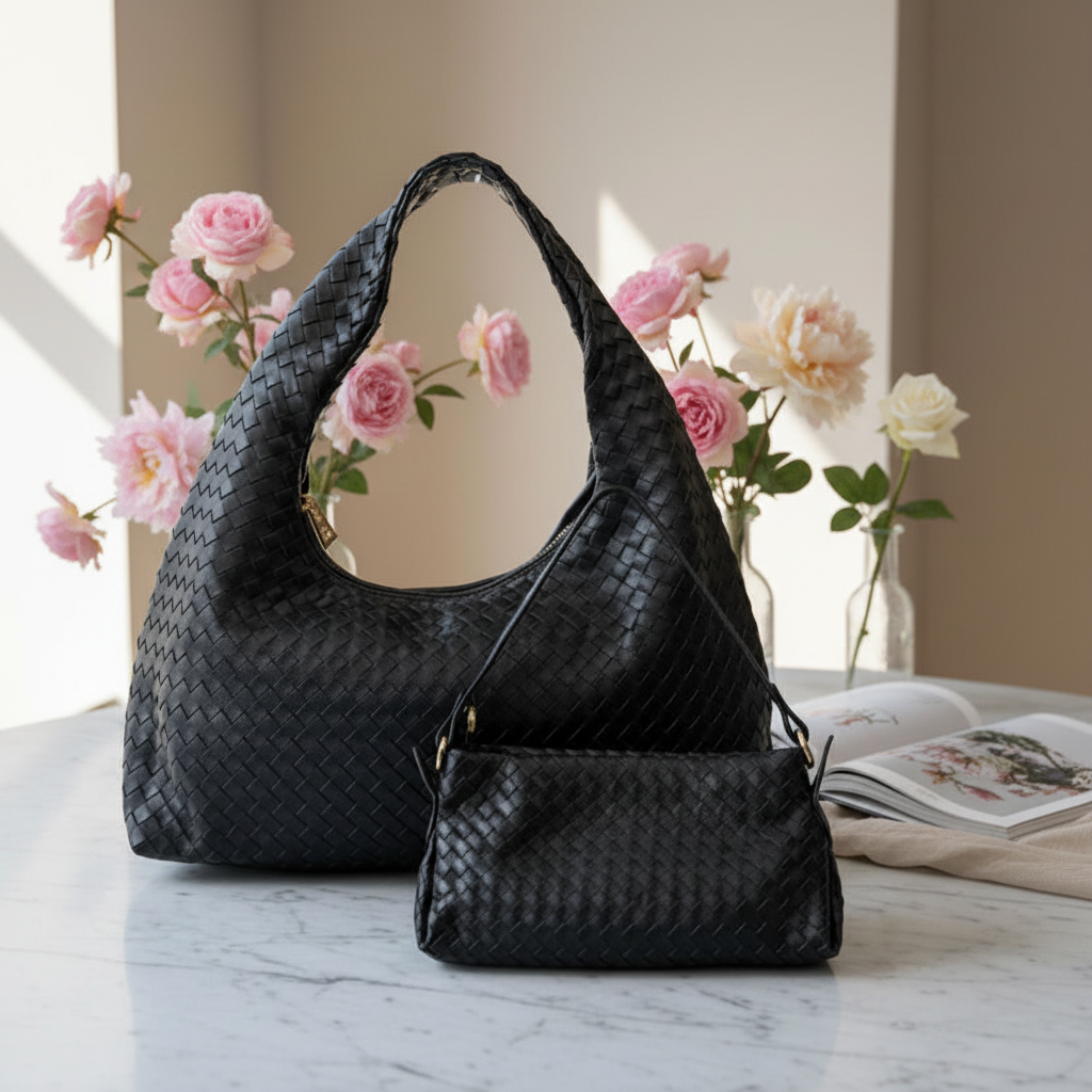 Black woven handbag and matching pouch on a marble surface with flowers in the background