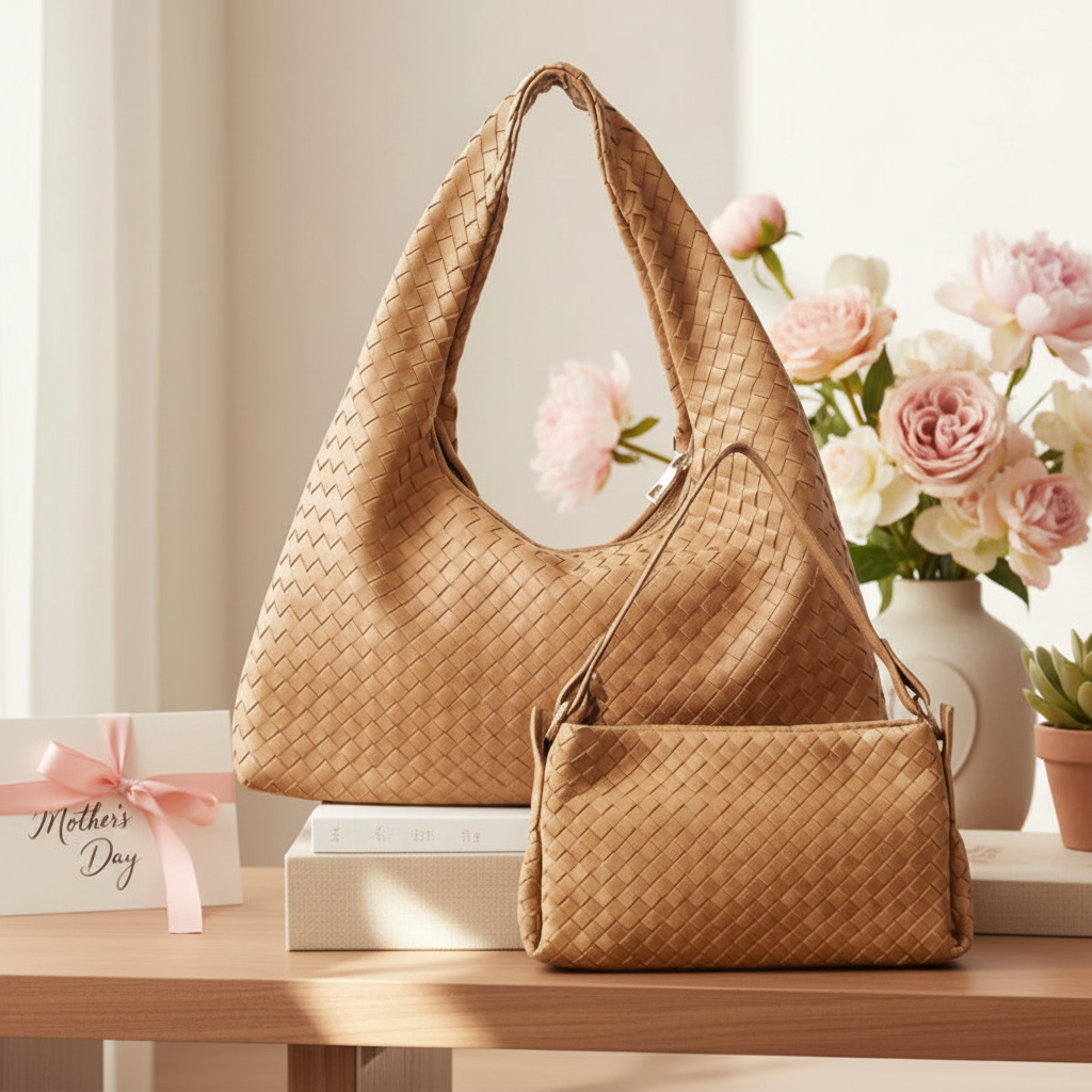Light brown woven handbag and clutch on a table with flowers and 'Mother's Day' card in the background