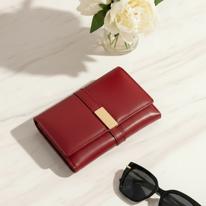 Red wallet with gold accent on a light surface next to sunglasses and flowers