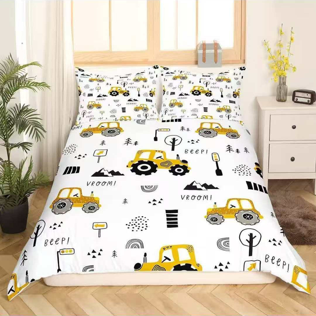 Kids white truck bedding set with yellow tractor print and pillowcases
