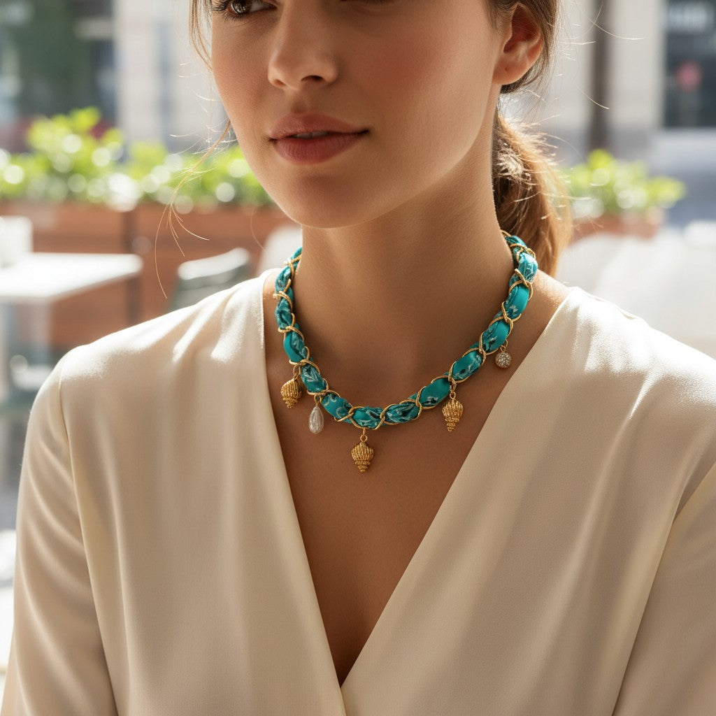 Turquoise fabric wrapped chain necklace with gold shell charms worn at the neck