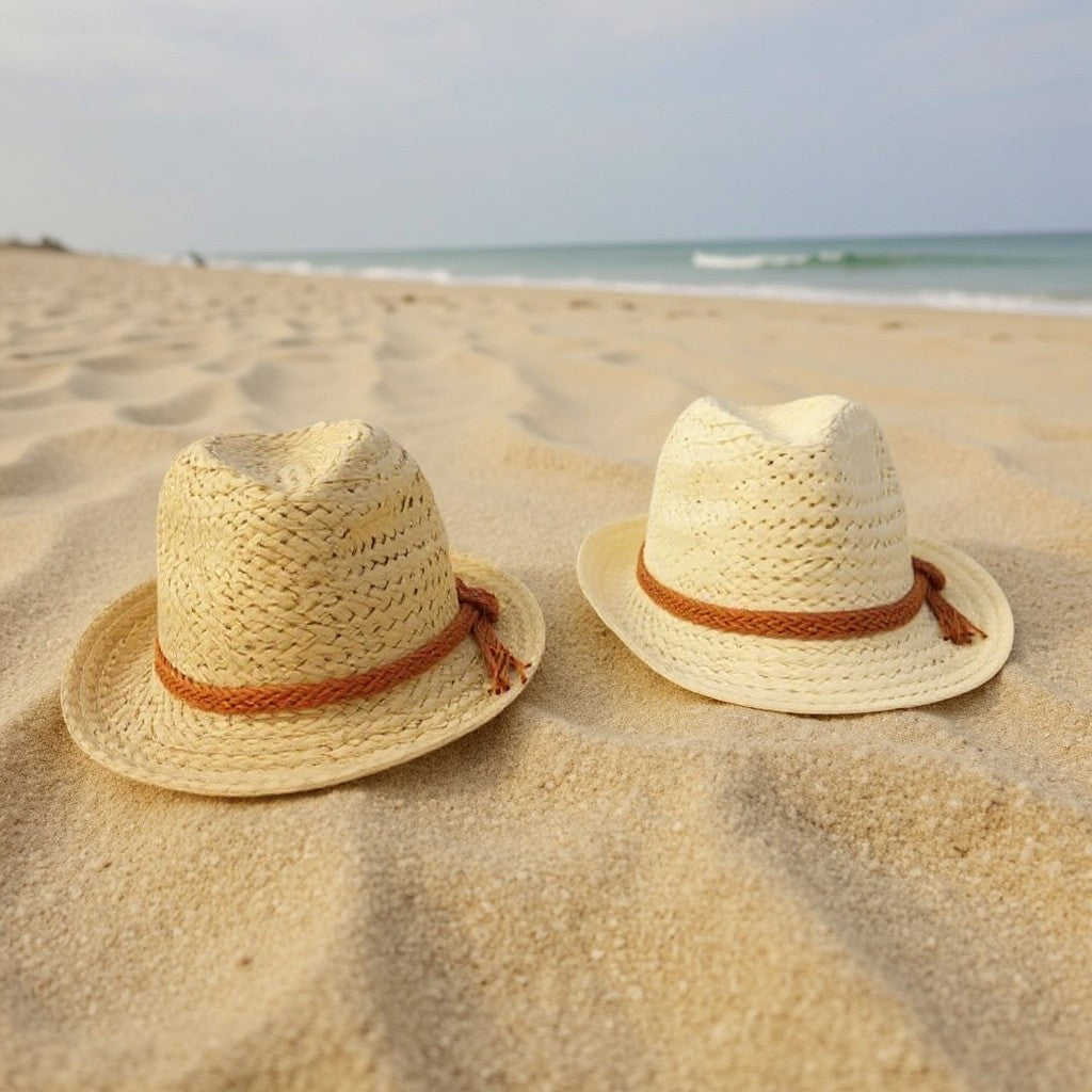 Two woven straw hats with brown bands resting on sandy beach ground with the ocean and sky in the background