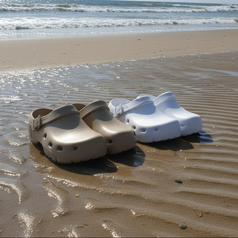 Beige and white clogs on a sandy beach with ocean waves in the background