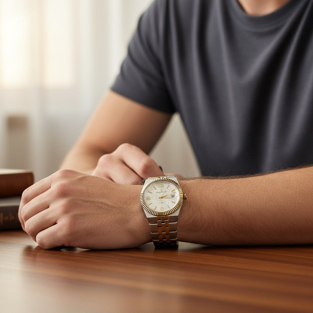 Men's two tone fluted bezel watch with cream dial, Jack Gifts Online Lebanon