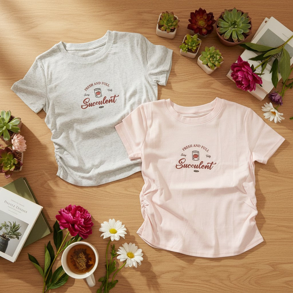 Two t-shirts with a succulent design on a wooden surface with plants and flowers.