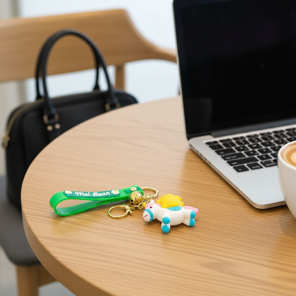 Green strap keychain with a unicorn charm and gold bell resting on a wooden desk