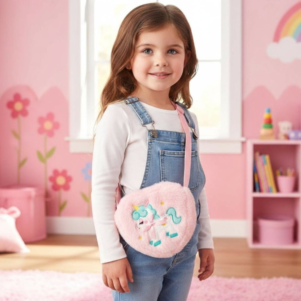 Girl wearing a fluffy pink plush unicorn cross body bag with a mint mane over denim overalls