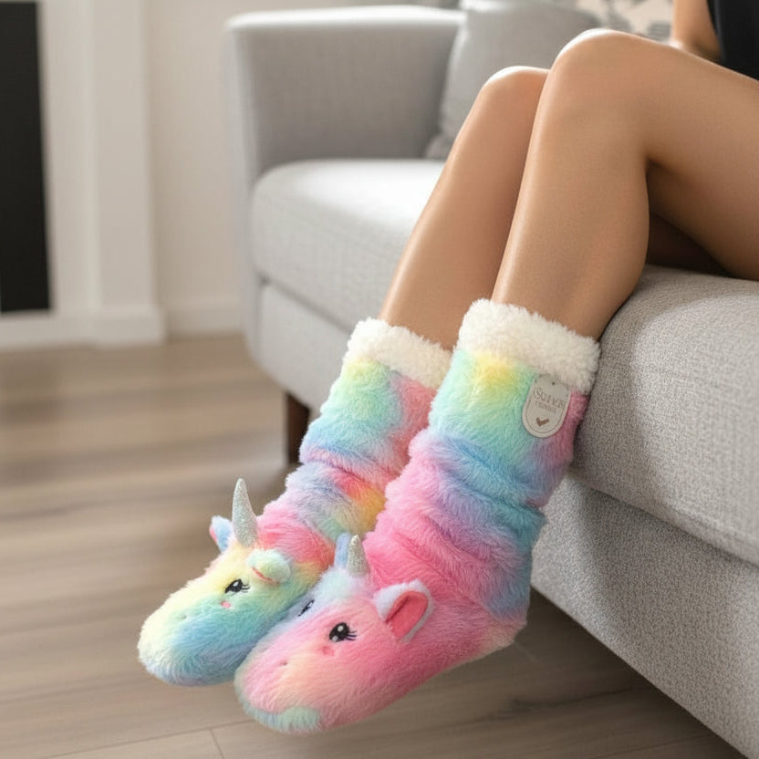 Colorful unicorn-themed socks worn by a person sitting on a couch