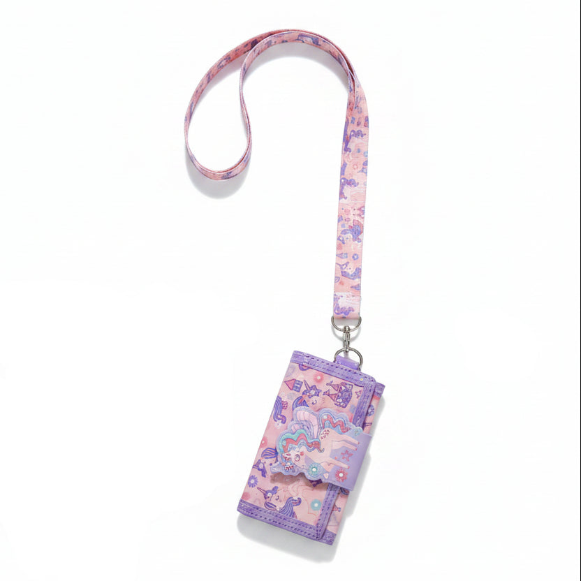 Lilac unicorn trifold wallet with a 3D rainbow unicorn flap and matching pink printed neck lanyard