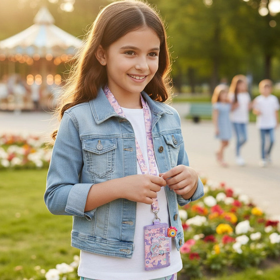 Girl in a denim jacket holding a pastel unicorn card wallet on a printed neck lanyard
