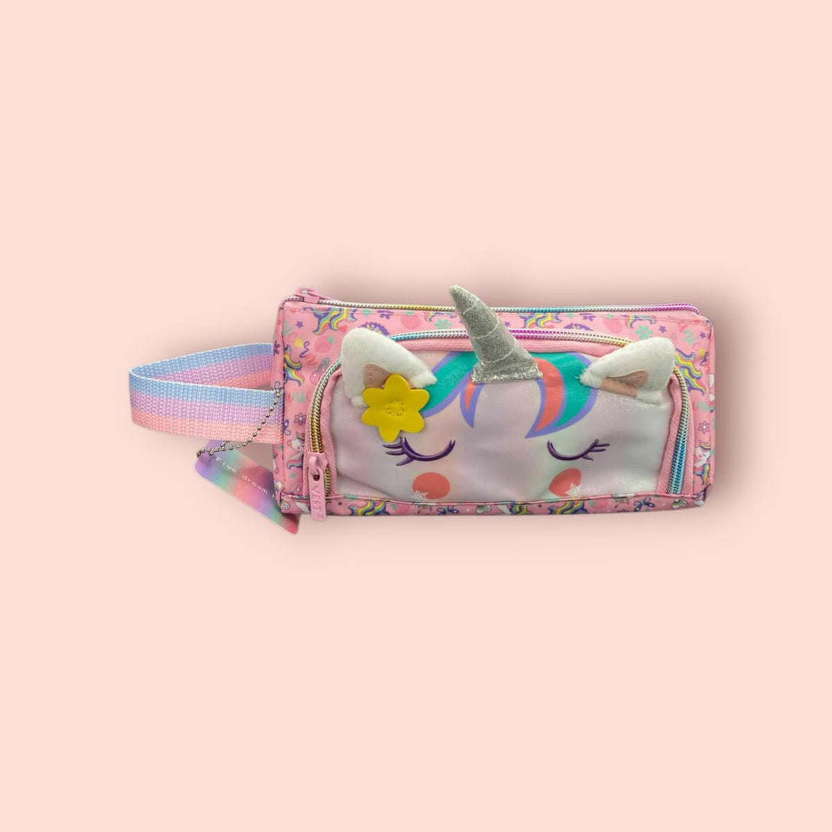 Unicorn face pencil case with a rainbow mane, pink backdrop