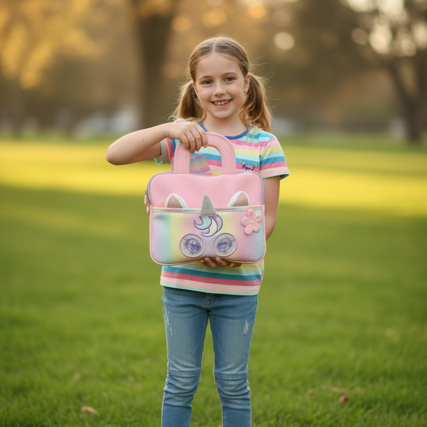 Girl in a park holding a pink unicorn tablet bag by its top handle
