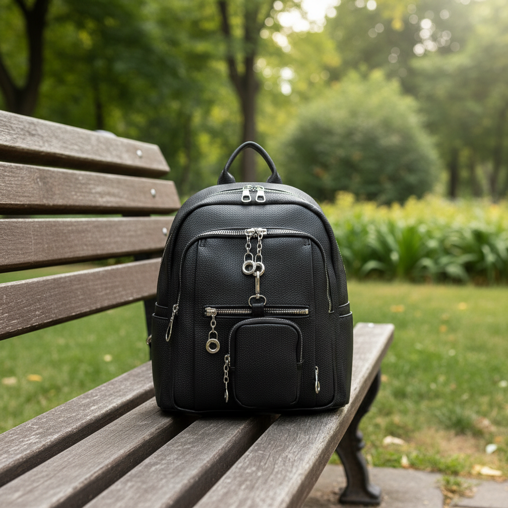 Angled view of the urban backpack showing its silver zipper hardware