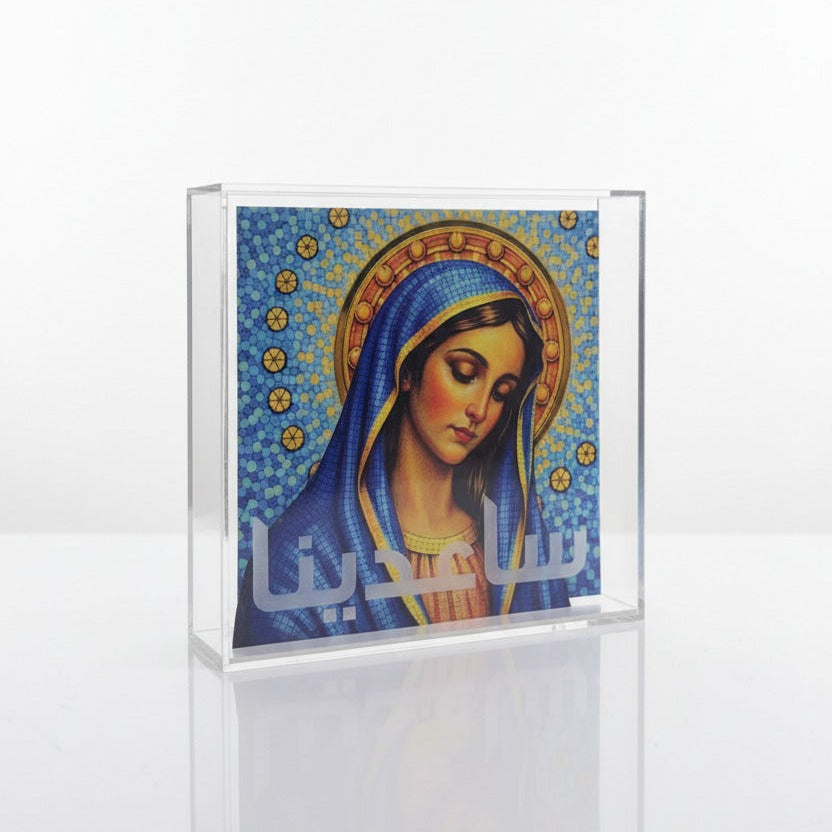 Byzantine mosaic Madonna in cobalt and gold tesserae inside a clear acrylic case
