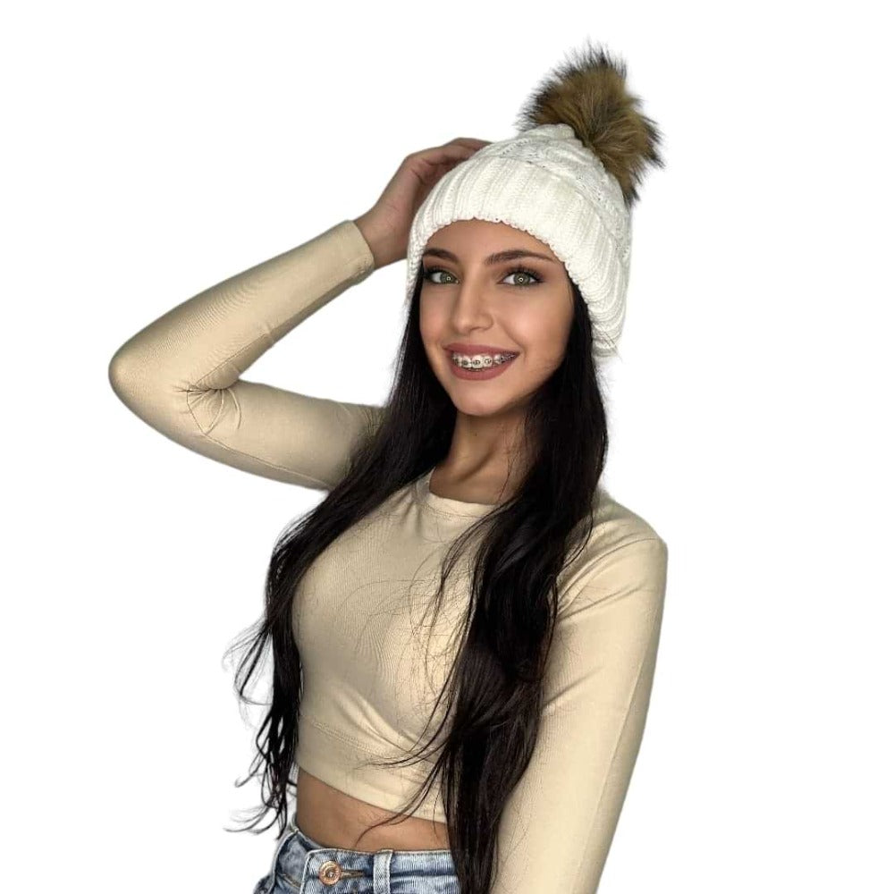 white braided knitted beanie for women