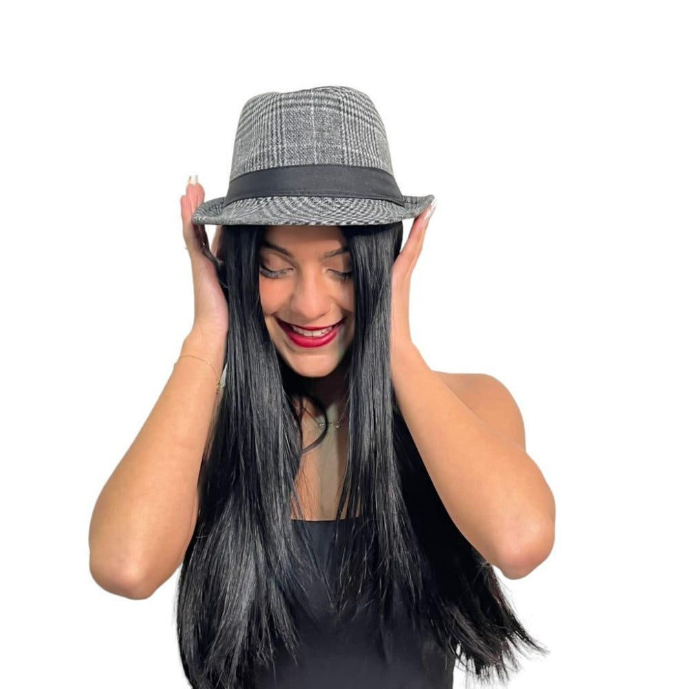 Grey Checkered Fedora Hat