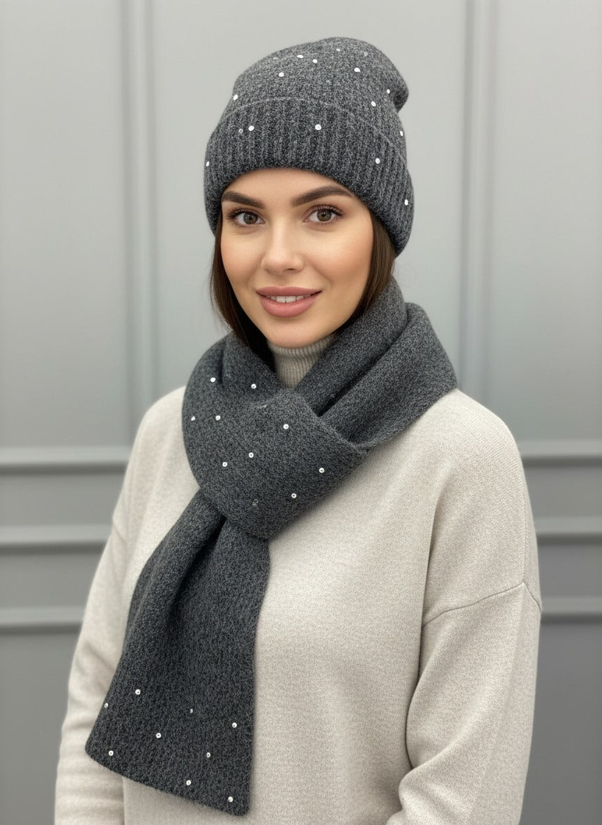 Dark Grey Sparkly Hat and Scarf Set