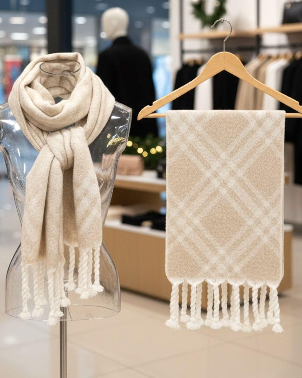 Beige and white plaid winter scarf