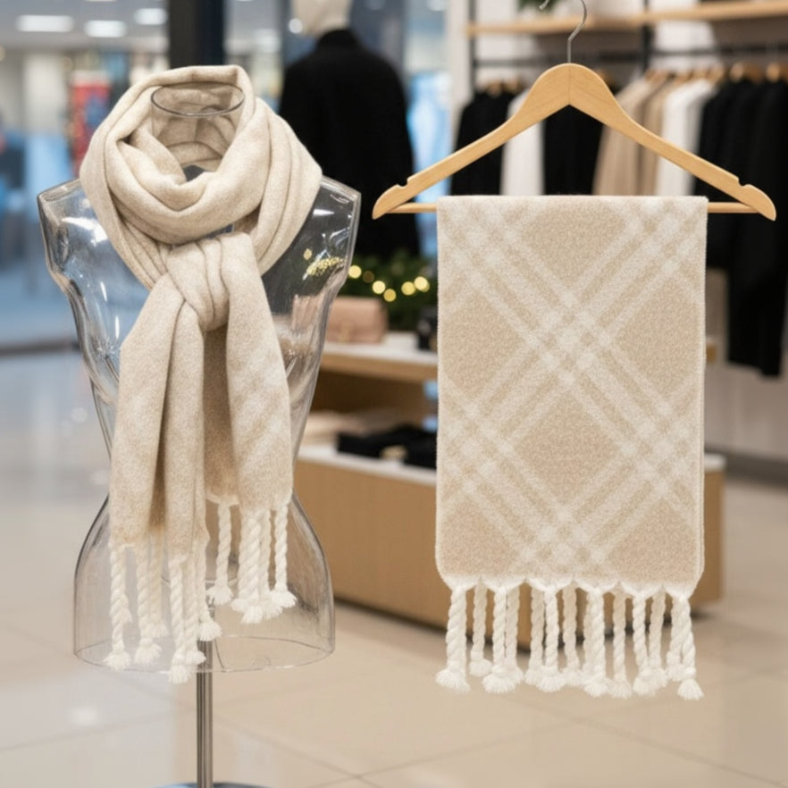 Beige and white plaid winter scarf